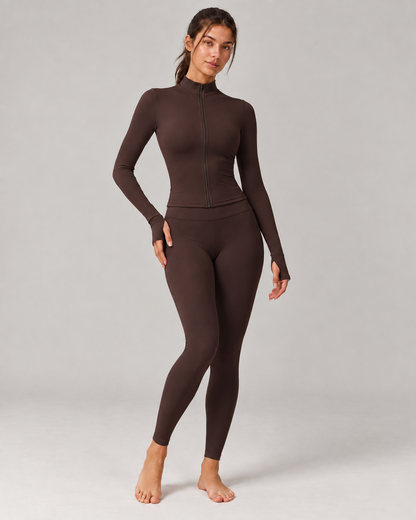 Sculpt Zip Long-Sleeve Top - women's full-zip long-sleeve training top in Dark Brown | NIMORA
