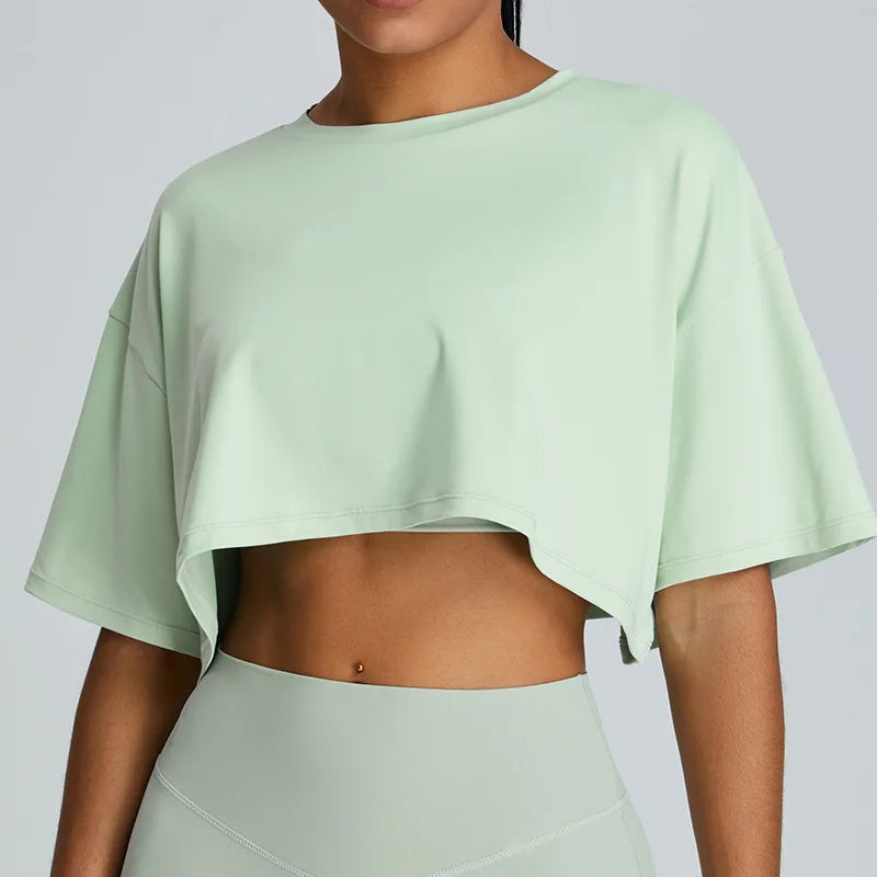 טופ יוגה נשים שרוול קצר בגזרה רפויה