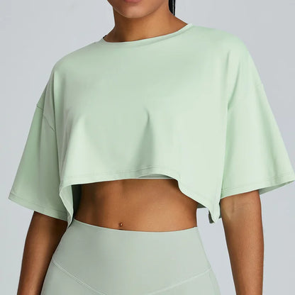 טופ יוגה נשים שרוול קצר בגזרה רפויה